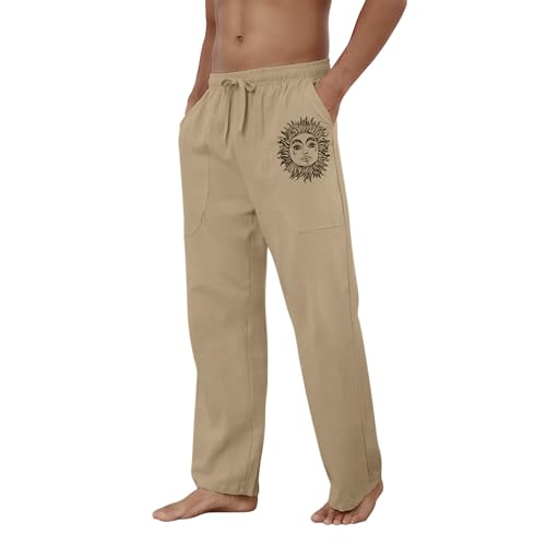 Puimentiua Cotton Linen Pants Men, Summer Beach Pants Loose Fit with Elastic Waist Drawstring3