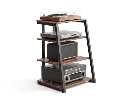 FITUEYES Design 4-Tier AV Media Stand Corner Shelf for Record Player Wooden Stereo Cabinet Audio...