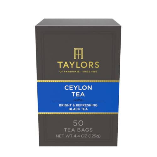 Taylors of Harrogate Pure Ceylon, Black Tea, Pillow Bags, 50 Count (Pack of 6), Bold, Bright, &amp; Brisk, Caffeinated, Enjoy Hot or Iced, 300 Teabags Total