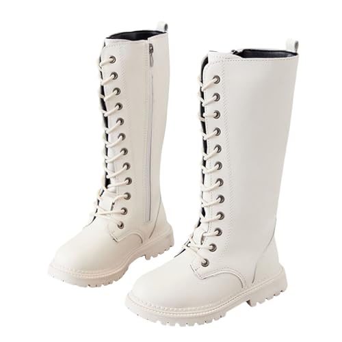 Girls Lace Up Mid Calf Boots with Side Zipper Fashion Comfortable Round Toe Low Heel Combat Riding Boots Fall Winter Spring Non Slip Outdoor Booties