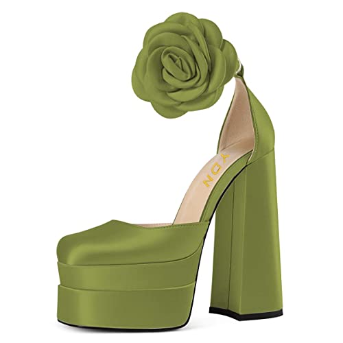 YDN Women Platform Square Toe Pumps Flower Block High Heels Ankle Strap Heeled D'Orsay Party Prom Shoe Size 4-15 US