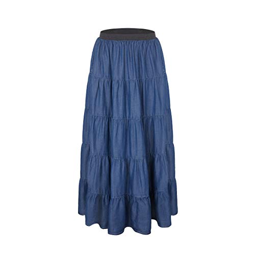 Tronjori Womens A Line Long Lightweight Tencel Denim Tiered Skirt with Multi Layers (XS, DK Blue Multi Layer)