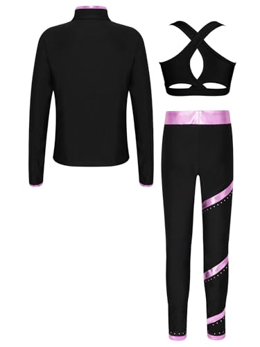 Hansber Kids Girls 3Pcs Dance Sports Outfit Crop Top Leggings with Long Sleeve Zipper Jacket Gym Yoga Training Tracksuit2