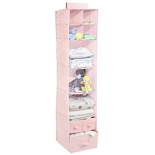 mDesign Fabric Hanging Organizer – Over Closet Rod Storage with 7 Shelves and 3 Removable Drawers for Baby Nursery Bedroom Organization – Holds Clothes, Toys, Accessories – Pink/White Polka Dot