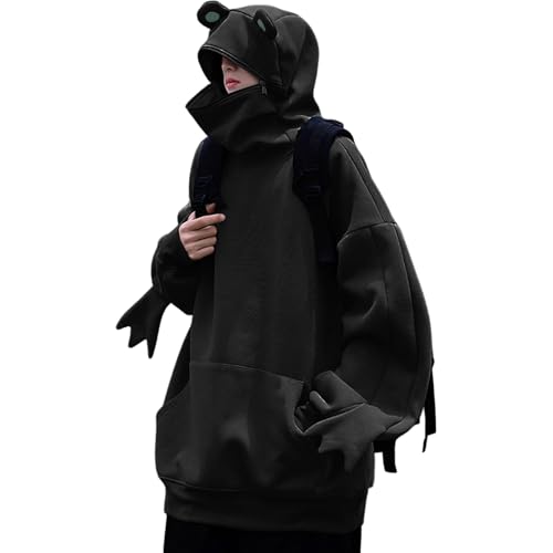 Moshtashio Frog Hoodie with Zip Mouth Cute Unisex Sweatshirt Animal Costume Solid Pullover Oversize Teen Black