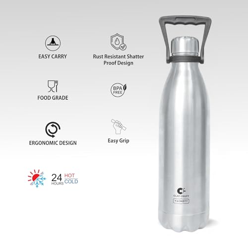 Image of Clay Craft VACBOTT Stark Double Walled 18 Hours Hot and 24 Hours Cold Water Flask Bottle-1800ML, 2-Piece(Silver) Leak Proof|Easy to Carry|Gym Bottle|Home|Kitchen|Hiking|Travel Bottle|BIS Certified