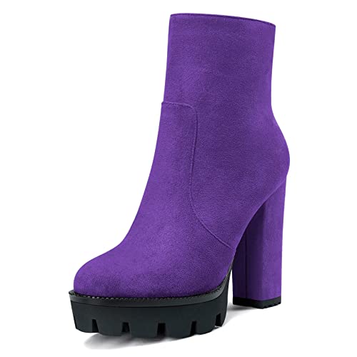 Saekcted Femmes Bloc Chunky Haut High Plate-forme Talon Heel Rond Bout Bottines Fermeture à Glissière Classique Bottes Violet 37 EU Cover