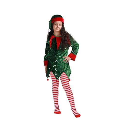 Genérico Disfraz Lutin Noel Infantil Ropa con Falda, Sombrero, Calcetines Disfraz de elfo Navidad Bebe Vestido De Elfo Noel Cosplay Conjunto Completo con Gorro Traje para Carnaval Fiesta Niña, verde