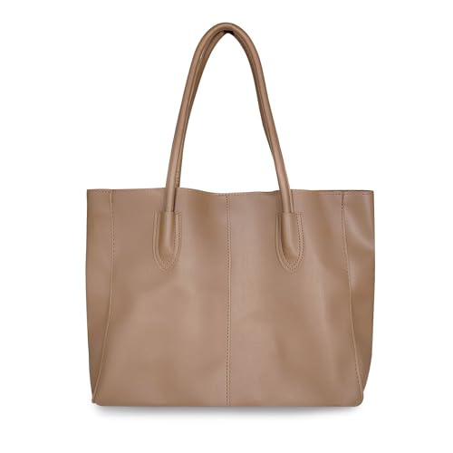 FuninCrea Bolso Grande de Mano para Dama - Shopper de Cuero, Tote Bag Impermeable, Bolsa de Hombro para Trabajo, Compras y Viajes - Caqui