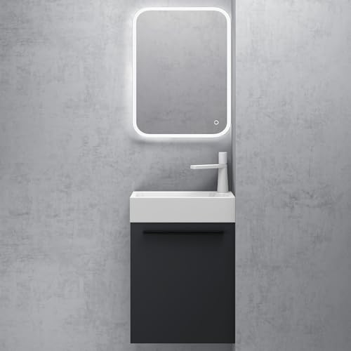 doporro Badezimmer-Set Waschplatz Badmöbel-Set Gäste WC Waschbecken Waschtisch mit Unterschrank Anthrazit matt Waschbeckenunterschrank 46x26x63cm inkl. LED-Spiegel Pisa