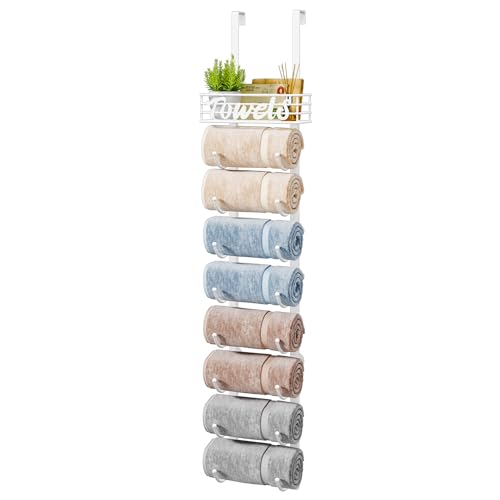Image of HapiRm Over Door Towel Racks - 9 Tier Over The Door Towel Racks for Bathroom, Wall Mounted Towel Holder with Metal Shelf, Rolled Towel Organizer Door Hanging Towel Storage - White