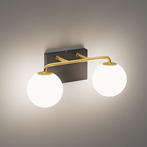 Image of Tipace 2 Lights Mid Century Vintage Bathroom Vanity Light Fixtures Over Mirror Black Gold Industrial Vanity Lights with Milk White Glass Globe Farmhouse Bath Lighting(Exclude Bulb)