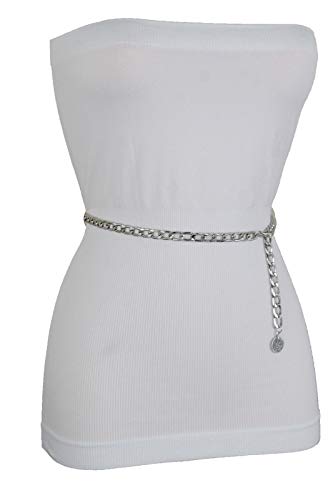 Women Skinny Waistband Belt Silver Metal Chain Links Coin Charm Buckle Size XS S M3