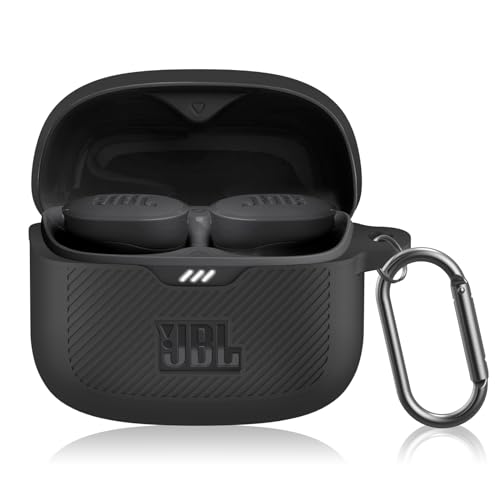 POZCIS for JBL Tune Buds Case Cover, Soft Silicone Protective Earbuds Case Front LED Visible, Only Compatible with JBL Tune Buds, Headphones Case with Carabiner Accessories Set(Black)