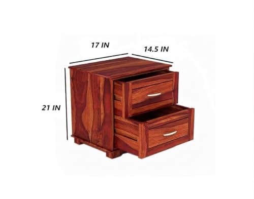 Image of Solid Sheesham Wood Bedside Table with 2 Drawers | Wooden Nightstand for Bedroom | Bed Side Table with Storage | Natural Finish