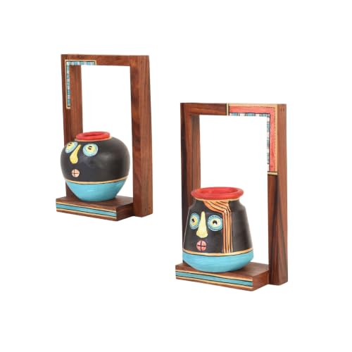 Image of AAKRITI ART CREATIONS Handcrafted Sheesham Wood Wall Shelves with Terracotta Pots for Home Decor | Wooden Floating Shelf | Living Room Decoration | Indian Handicraft