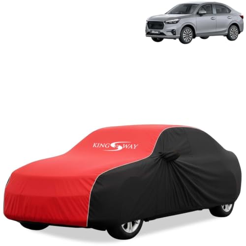 Image of KINGSWAY Super Waterproof Car Cover Only with Honda Amaze (Year 2025 Onwards - All Model) | Mirror and Antenna Pockets | All Weather Car Body Cover with Silver Piping | Black Red