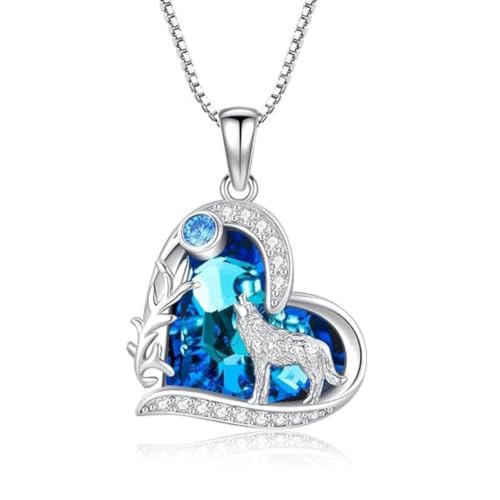 Howling Wolf Necklace - Silver Pendant With Blue Ocean Heart Stone Charm - Birthday Gift for Her, Women's Jewelry for Wolf Lovers