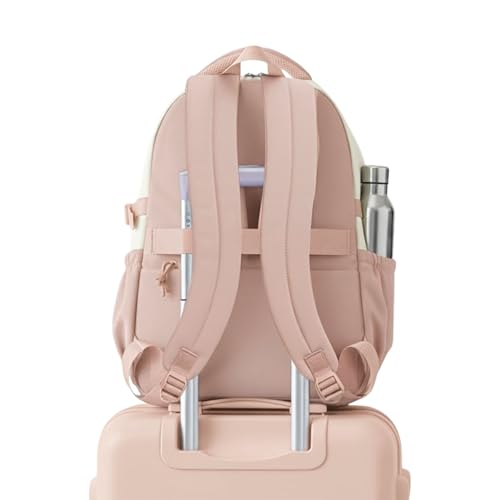 Image of Cute School Backpack for Girls - Stylish Pink & White Large Capacity Bookbag with Plush Keychain, Multiple Pockets, Lightweight Travel & College Bag
