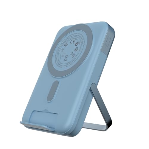 JUOVI Banco de Energía Magnético, Cargador Portátil 10000mAh, Batería Externa Rápida Inalámbrica de 22.5W con Pantalla LED, para Teléfono con Soporte Integrado, para Serie iPhone 15/14/13/12 (Azul)