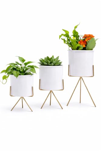 Image of Planters for Indoor Planters Indoor Plant Stands with Pots (White /Gold (Short Stands) Set of 3)