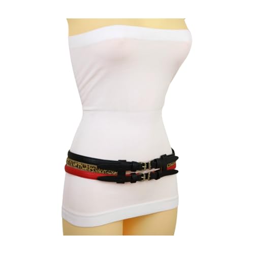 Women 3 Skinny Connected Fashion Belt Hip Waist Black Red Leopard Gold Double Buckles S M z1943