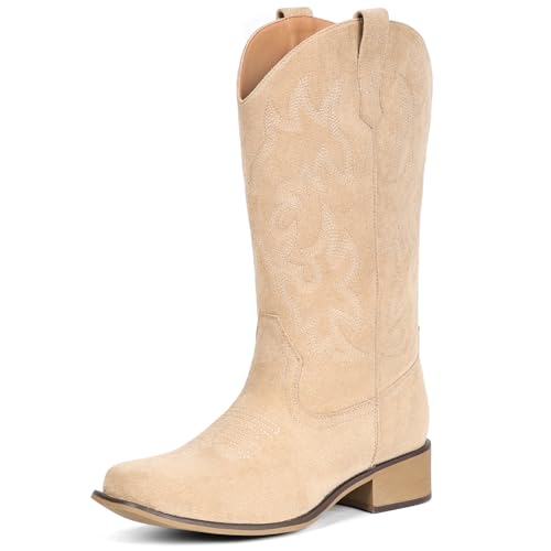 Image of IUV Cowboy Boots For Women Square Toe Wide Suede Western Mid Calf Cowgirl | Comfortable and Roomy, Embroidered, Rugged, Vintage-modern, Stylish for Daily Life and Outdoor Adventures.