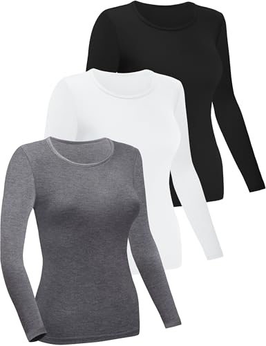 FEQO 3 Pack Women's Crewneck Long Sleeve Shirts Slim Fit Underscrubs Basic Comfort Long Sleeve Tops