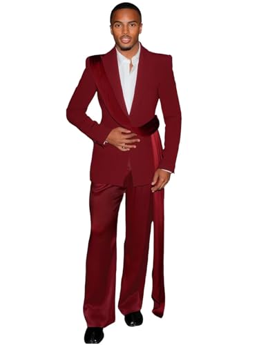 Elegant Men's 2 Pieces Suits with Belt Peak Lapel Blazer Pants Prom Tuxedos Single Breasted Jacket Trousers for Party