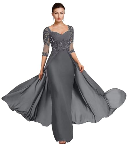 Mermaid Mother of The Bride Dresses 3/4 Sleeves Chiffon Beaded Formal Evening Gowns with Train JH0244