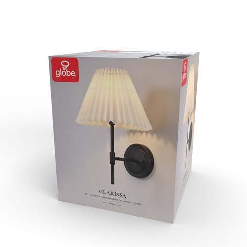 Image of Globe Electric 1-Light Wall Sconce, Matte Black, White Pleated Fabric Shade, E12 Base Socket, Candelabra Bulb, Living Room Lighting, Home Essentials, Decor, Bedroom, Mounted Bedside Lamp