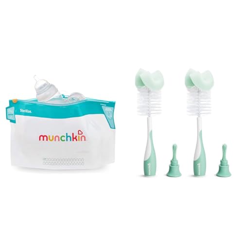 Image of Munchkin® Sterilize™ Microwave Bottle Steam Sterilizer Bags, 30 Uses per Bag, 6 Pack & Sponge™ Bottle Brush, 2 Pack, Green