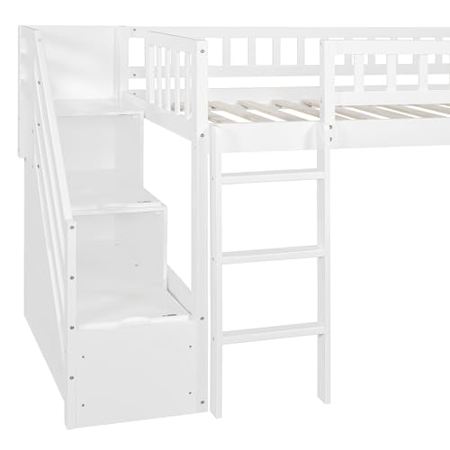 Bellemave Twin Size Loft Bed Frame with Slide and Stairs for Kids,Twin Size Low Loft Bed with Slide and Drawers,Wood Kids Loft Bed Frame for Boys Girls Teens,White