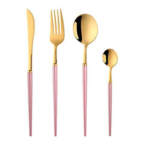 Pink Gold Cutlery Set for 1, Buyer Star Stainless Steel 4 Pieces Flatware Set Silverware Knife Fork Spoon Teaspoon Cover