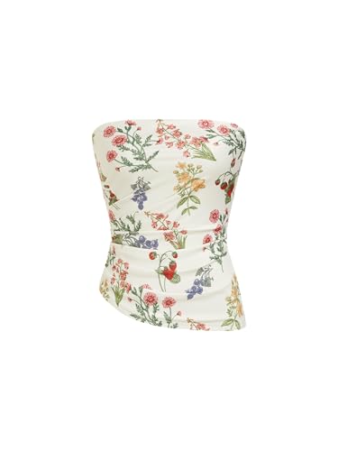 CIDER Strapless Tube Tops for Women Floral Going Out Crop Tops Bandeau Ruched Asymmetrical Lightweight Tank Tops: Beige, M
