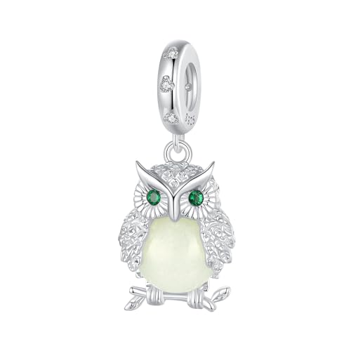 Qings Colgante de Charm Luminoso de Búho Plata de Ley 925 Abalorios de Owl Animales Glow in the Dark Compatible con Pulsera Europeo y Collar