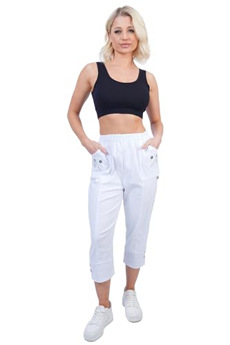 Style Lockers® Womens Capri Trousers 3/4 Length Stretch Elasticated Waist Cropped Pants Ladies Summer Pull On Casual Comfort Fit White 16