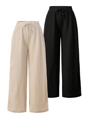 Image of RoseSeek Girl's Linen Pants Elastic Waist Wide Leg Pants Beach Vacation Outfits Palazzo Trousers 2 Packs