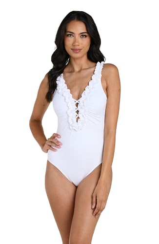 La Blanca Women's Island Goddess Ruffled Plunge One Piece Swimsuit, White, 14