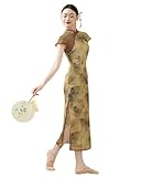 ROYAL SMEELA Robe Cheongsam Chinoise Femme, Robe Qipao élégant en Maille élastique, col Mandarin et Fentes latérales