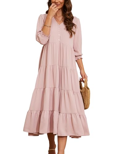 Beautiful Nomad Women's Casual V Neck Boho Dress Puff Sleeve High Waist Floral Smocked Flowy Ruffle Midi Dresses
