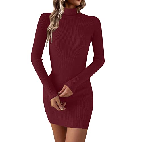 Generisch Damen Bodycon-Mini-Kleider Herbst Winter Casual Rollkragen Rippstrick Strickkleid Sexy Slim Kaschmir Einfarb-Jumper (Red, S)