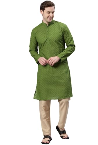 Image of Majestic Man Men's Cotton Blend Regular Fit Casual Polyester Mandarin Collar Ethnic Motifs Embroidered Long Regular Kurta