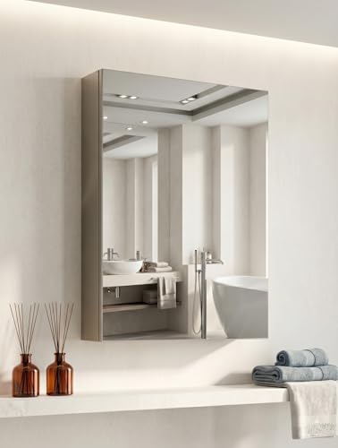 Image of Dropin (12x18 Inch, Chrome Finish 304 Stainless Steel Bathroom Mirror Cabinet, Heavy-Duty Wall Mounted Storage Cabinet with Separate Compartments