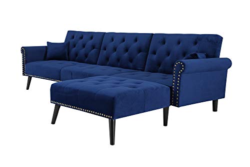 elvet Fabric Sectional Sofa Set Corner Couch with Chaise Lounge Living Room Furniture (Navy Blue) - Thumbnail 2