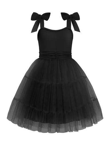 Arshiner Girls Dresses Summer Sleeveless Bow-Tie Straps Formal Fancy Party Birthday Tulle Dress Black Kids 7-8 Years