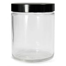 Qorpak GLC-01665 Clear Glass Ready To Clean Straight Sided Round Bottle with 70-400 Black Polypropylene Cap and PTFE Disc, 73mm OD x 89mm Height, 8oz Capacity Case of 24