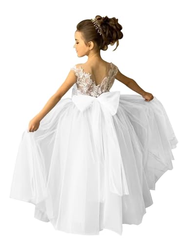 Lace Applique Tulle Flower Girl Dress for Wedding Sleeveless Long Satin Bow Knot V-Back Elegant Formal Dresses
