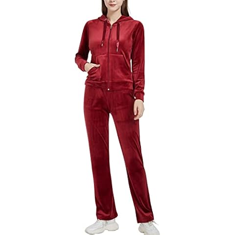 Woolicity Womens Sweatsuits Set Velour Tracksuit 2 Piece Outfits Set Zip Up Hoodies and Pants Sportswear Jogging Set, Red Wine, X-Large Cover