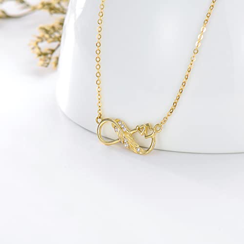 Ayafee 14K Yellow Gold Infinity Feather Necklace For Women, Infinity Love Heart Pendant Necklace For Anniversary Valentine's Day Gift #TOP2